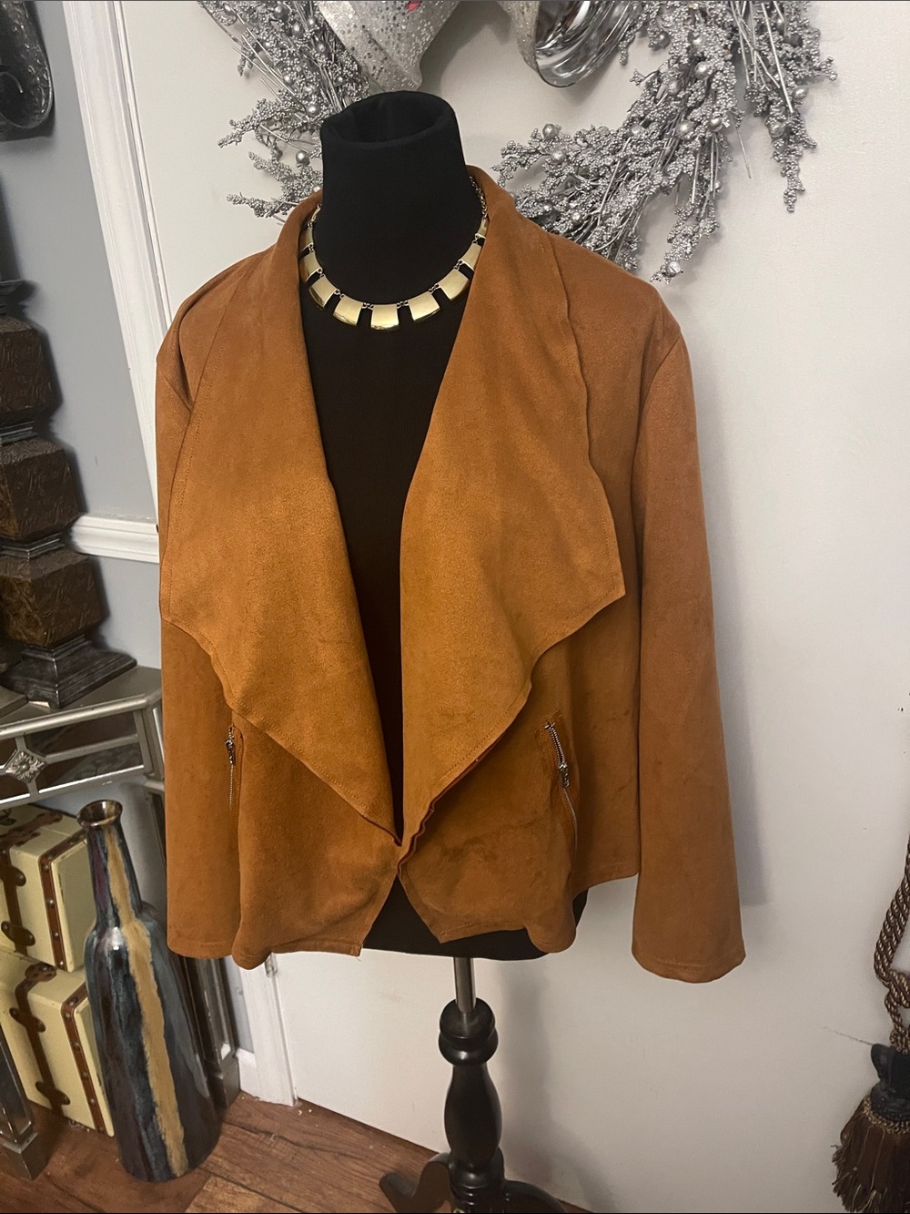 Faux Suede Draped Jacket - Tan